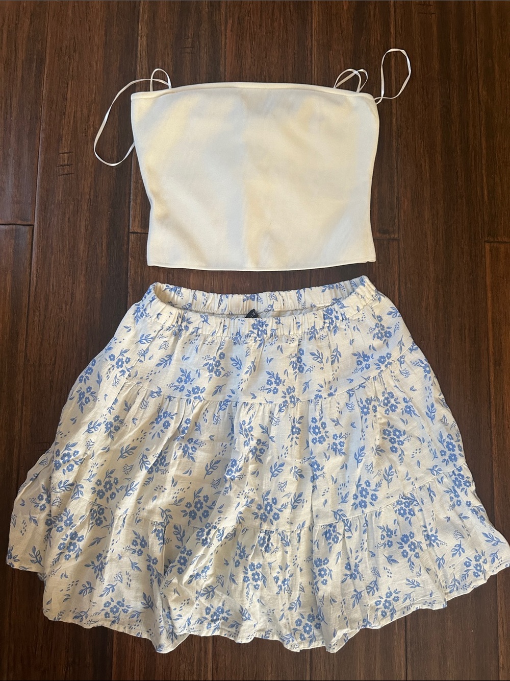 Sincerly Jules White Crop Top and White Tiered Skirt with Blue Floral Print